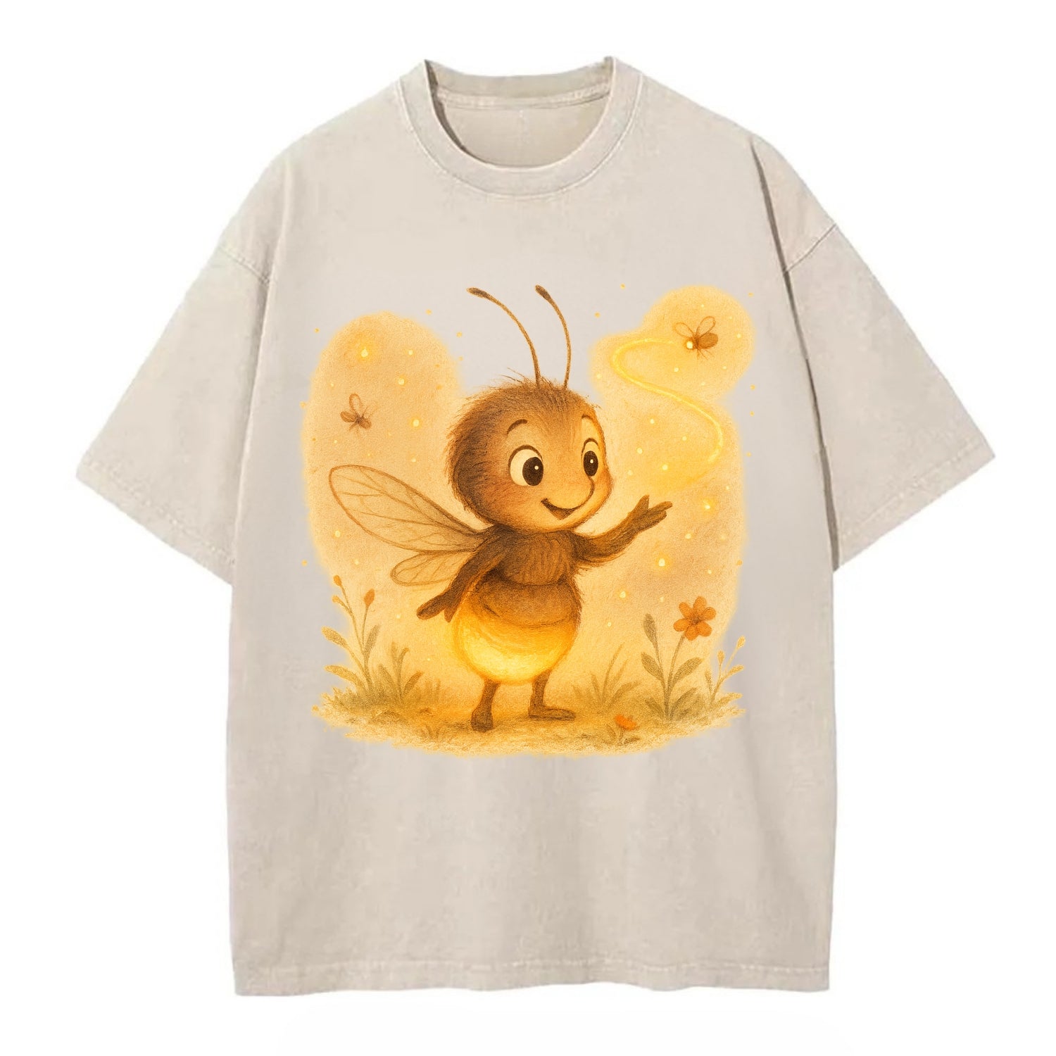 Firefly choreographer arranging synchronized light patterns over a meadow stage - Vintage T-shirt - Off White