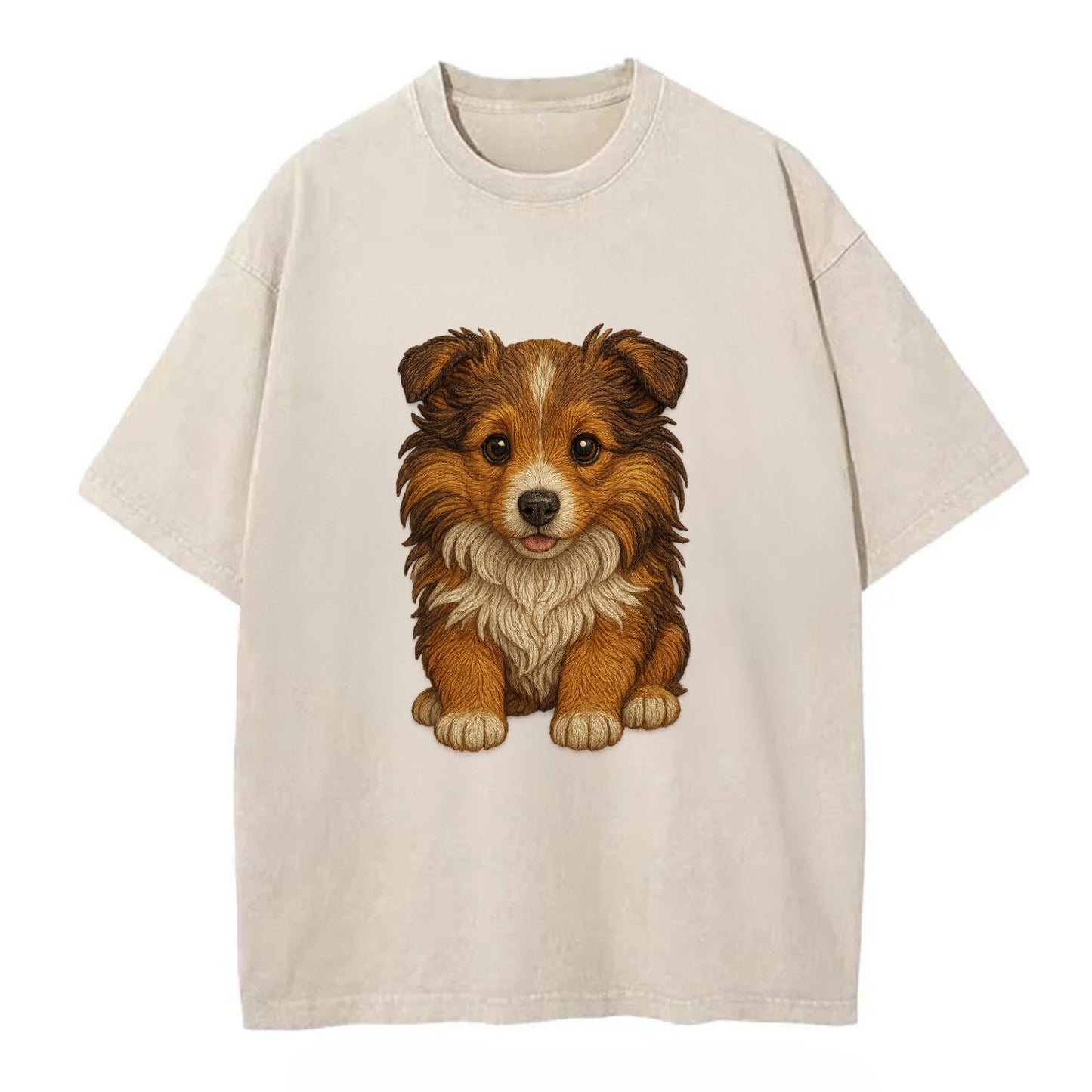 Baby Shetland Sheepdog Puppy - mini collie look, flowing mane, intelligent eyes, - Vintage T-shirt - Off White