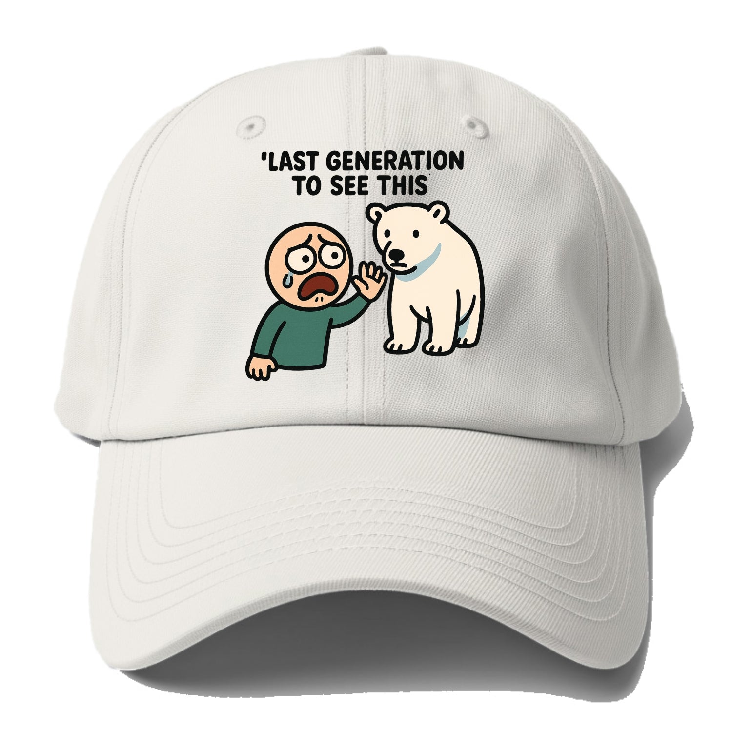 Person waving goodbye to polar bear - "Last generation to see this" - extinction - Baseball Cap - Off White