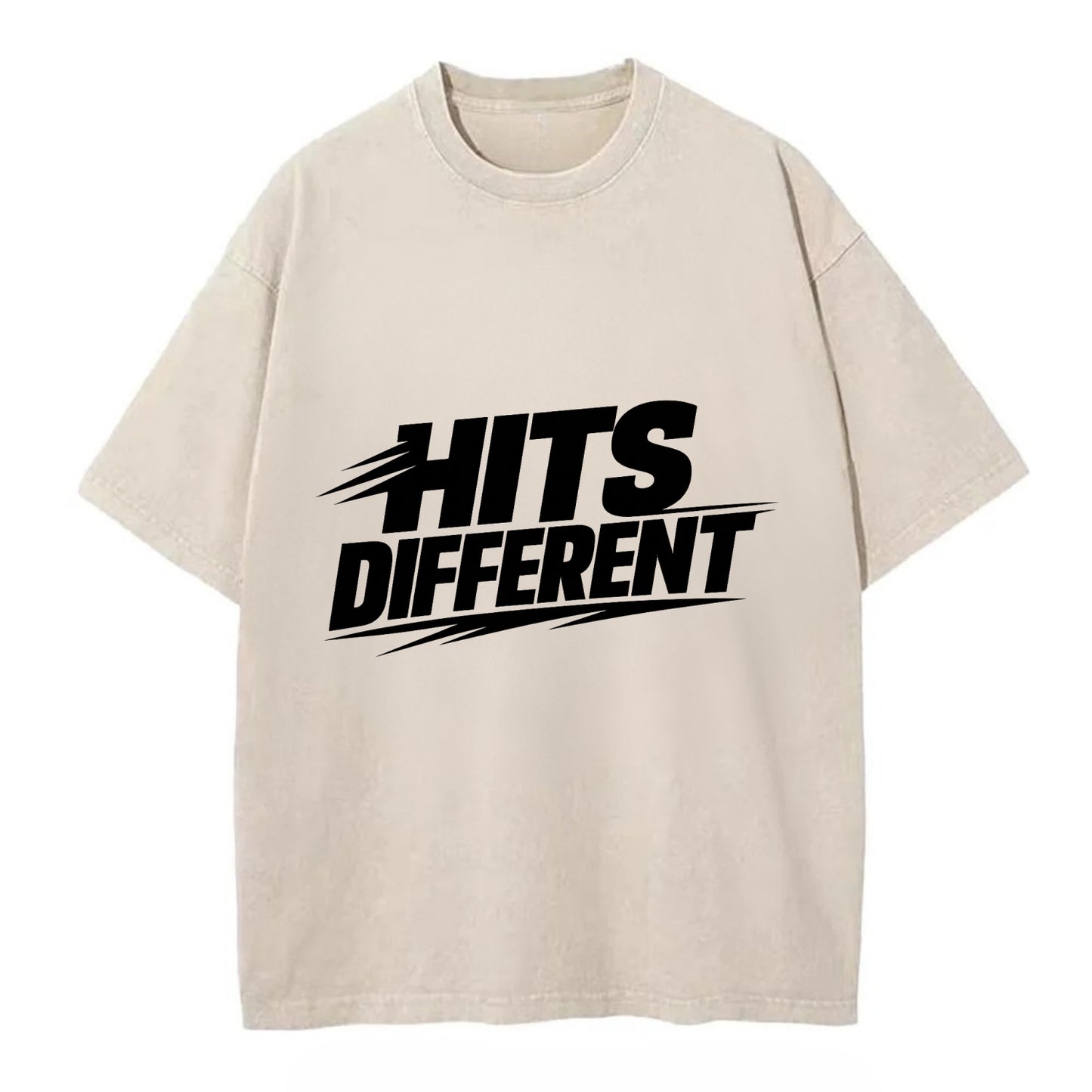 Bold typography design - "HITS DIFFERENT" - uniquely special, stands out - Vintage T-shirt - Off White