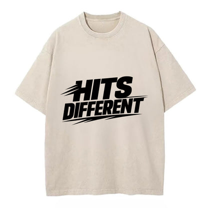 Bold typography design - "HITS DIFFERENT" - uniquely special, stands out - Vintage T-shirt - Off White