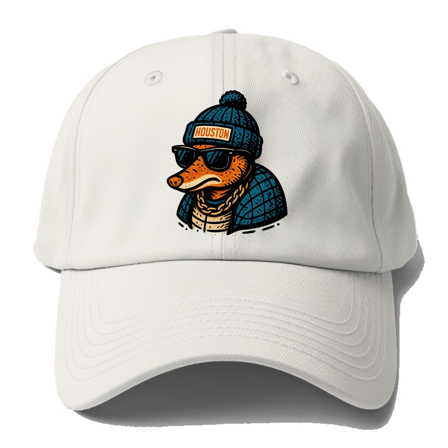 Houston Armadillo wearing Houston beanie with pom pom and wayfarer - Baseball Cap For Big Heads - Off White
