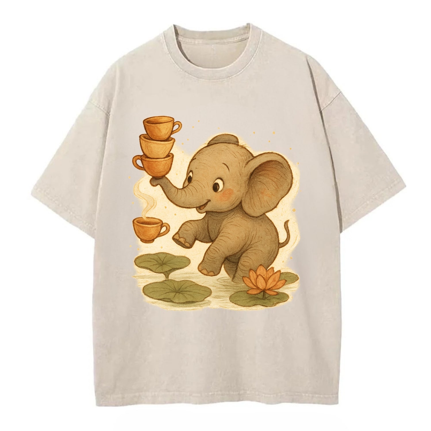 Elephant balancing teacups during a floating tea ceremony beside lotus ponds - Vintage T-shirt - Off White