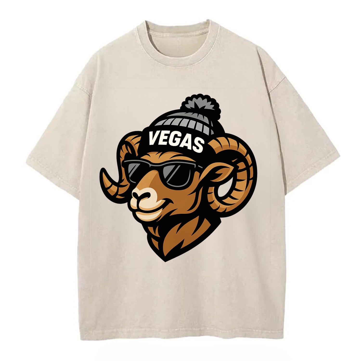 Vegas Desert Bighorn wearing Raiders silver and black beanie with pom pom and - Vintage T-shirt - Off White