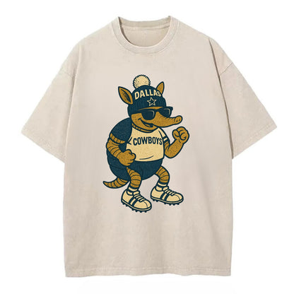 Dallas Armadillo wearing Cowboys beanie with lone star patch and wayfarer - Vintage T-shirt - Off White