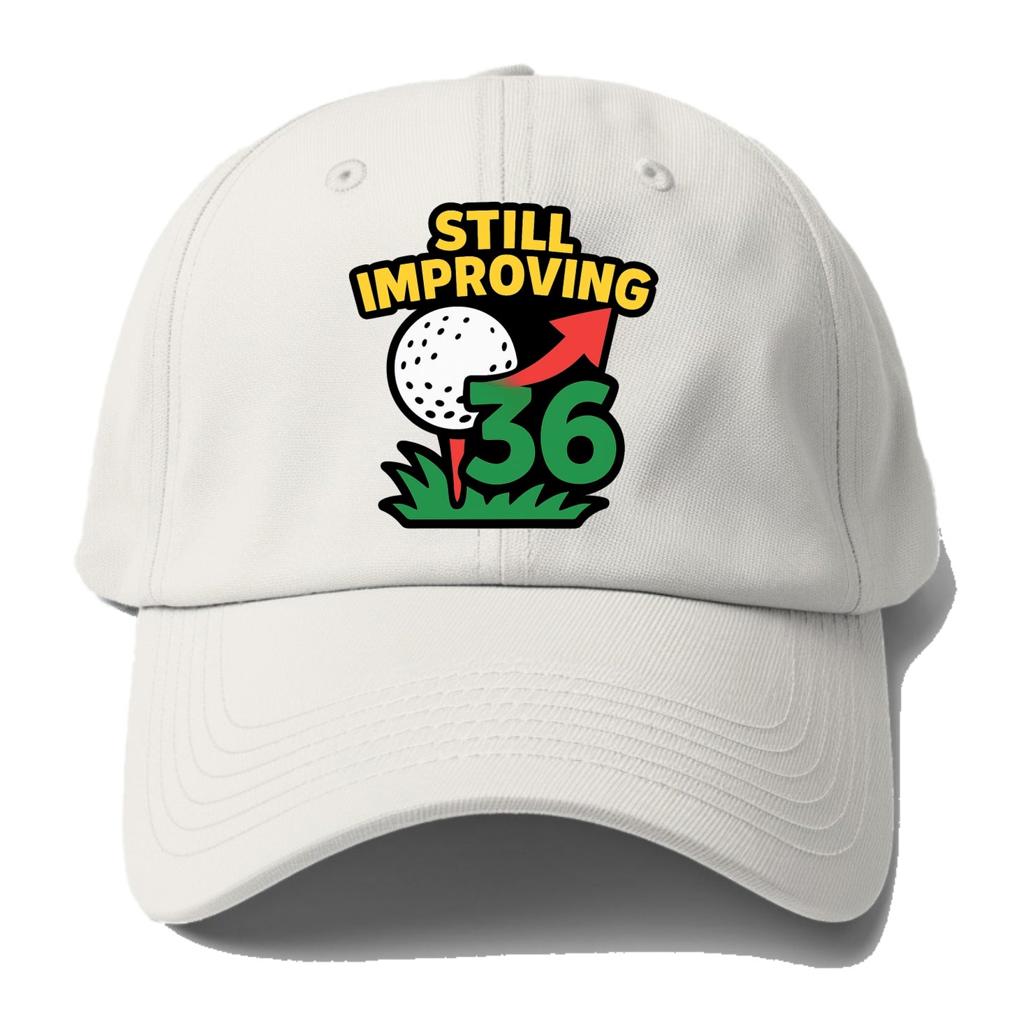 Handicap number getting higher with arrow - "Still Improving" - optimistic handicap - Baseball Cap - Off White