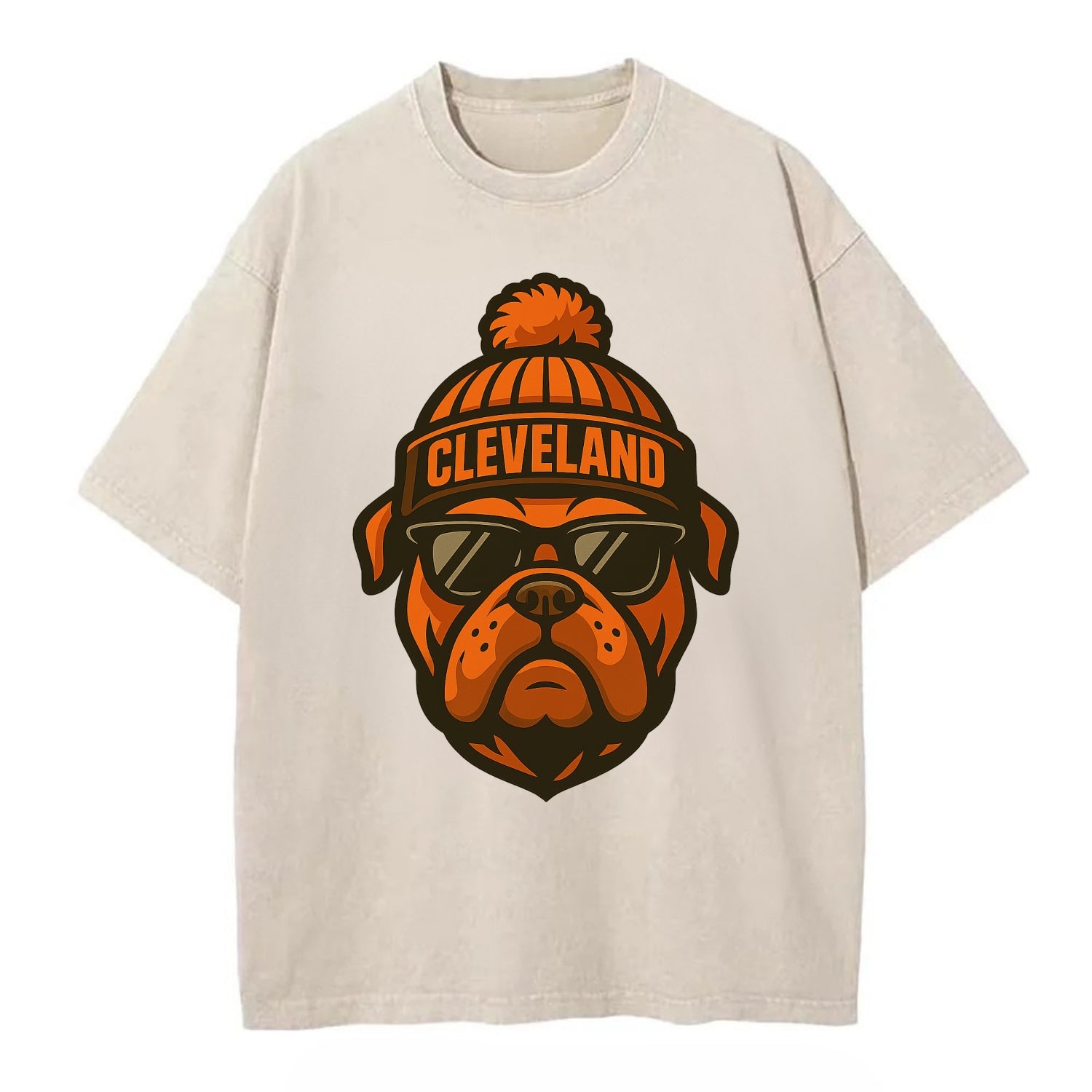 Cleveland Bulldog wearing Browns orange and brown beanie with pom pom and - Vintage T-shirt - Off White