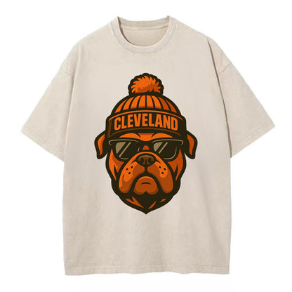Cleveland Bulldog wearing Browns orange and brown beanie with pom pom and - Vintage T-shirt - Off White