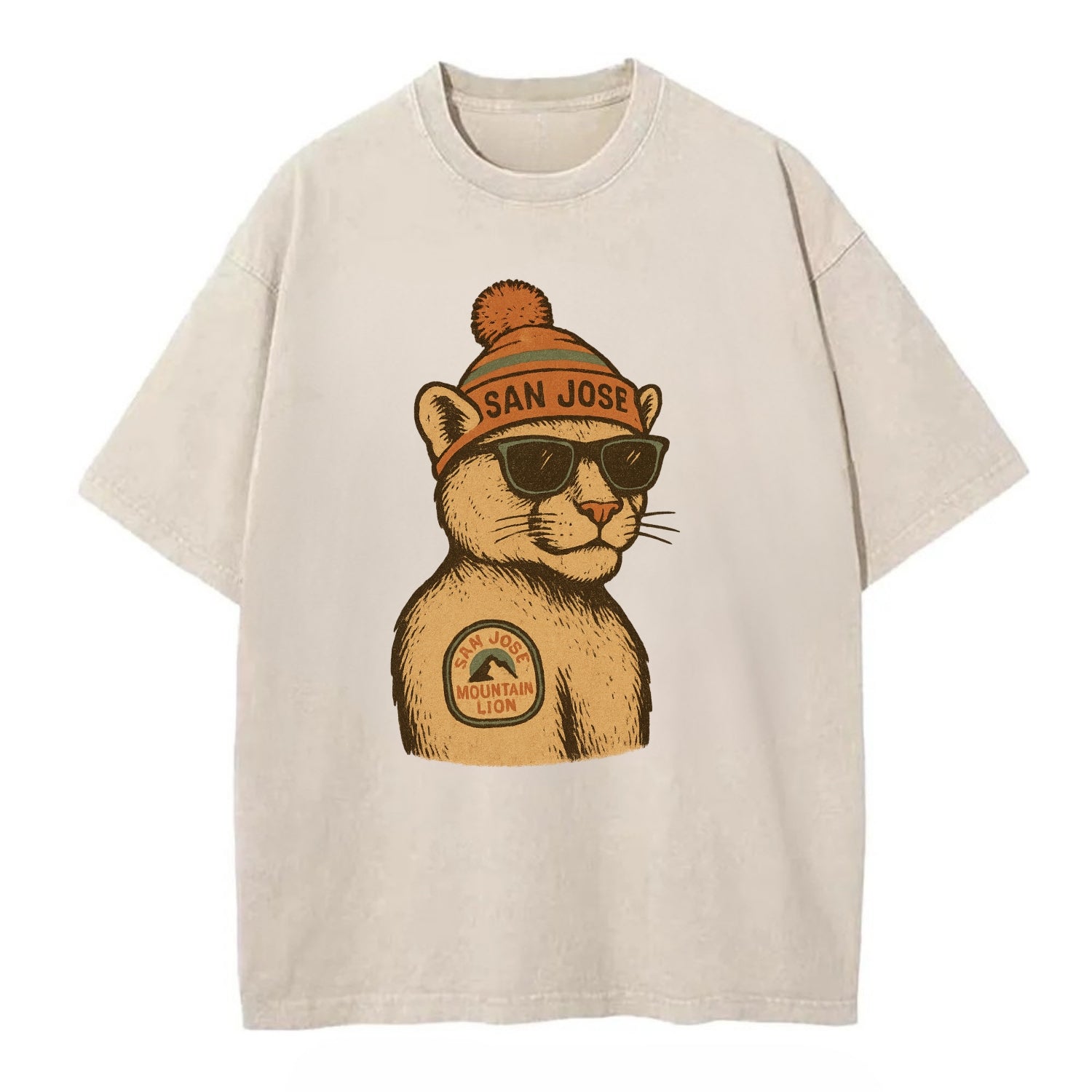 San Jose Mountain Lion wearing San Jose beanie with pom pom and wayfarer - Vintage T-shirt - Off White