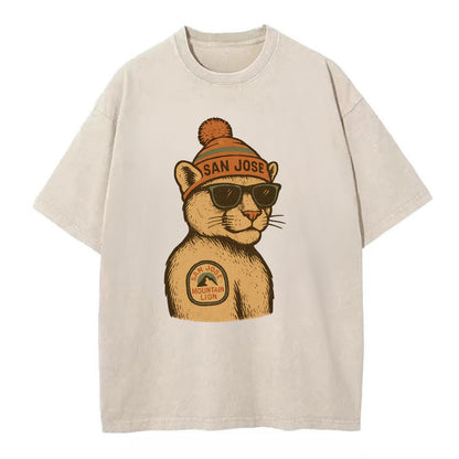 San Jose Mountain Lion wearing San Jose beanie with pom pom and wayfarer - Vintage T-shirt - Off White