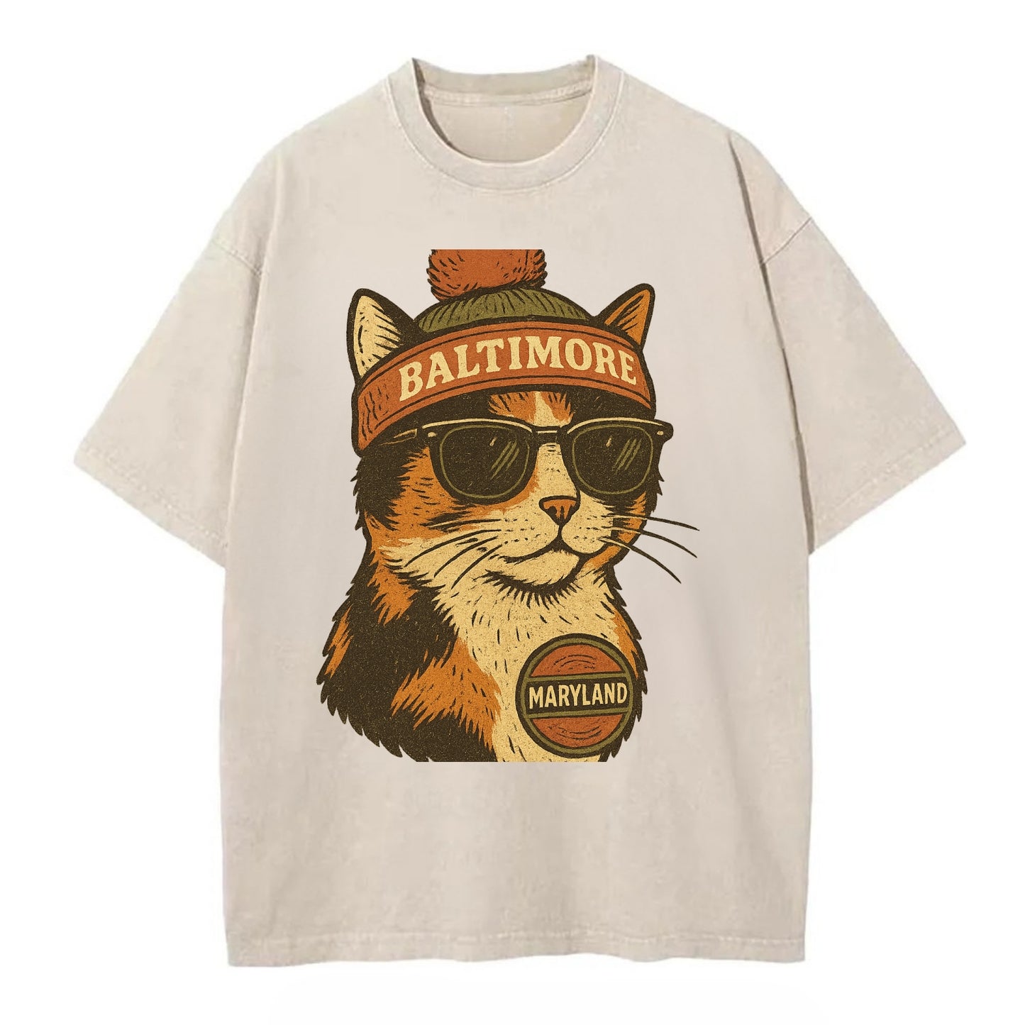Maryland Calico Cat wearing Baltimore beanie with pom pom and wayfarer sunglasses - Vintage T-shirt - Off White