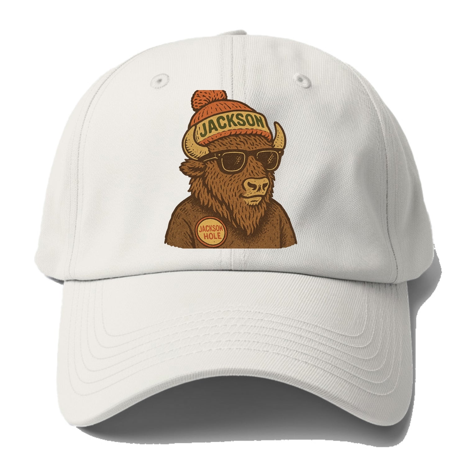 Jackson Hole Bison wearing Jackson beanie with pom pom and wayfarer sunglasses - Baseball Cap - Off White