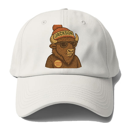 Jackson Hole Bison wearing Jackson beanie with pom pom and wayfarer sunglasses - Baseball Cap - Off White