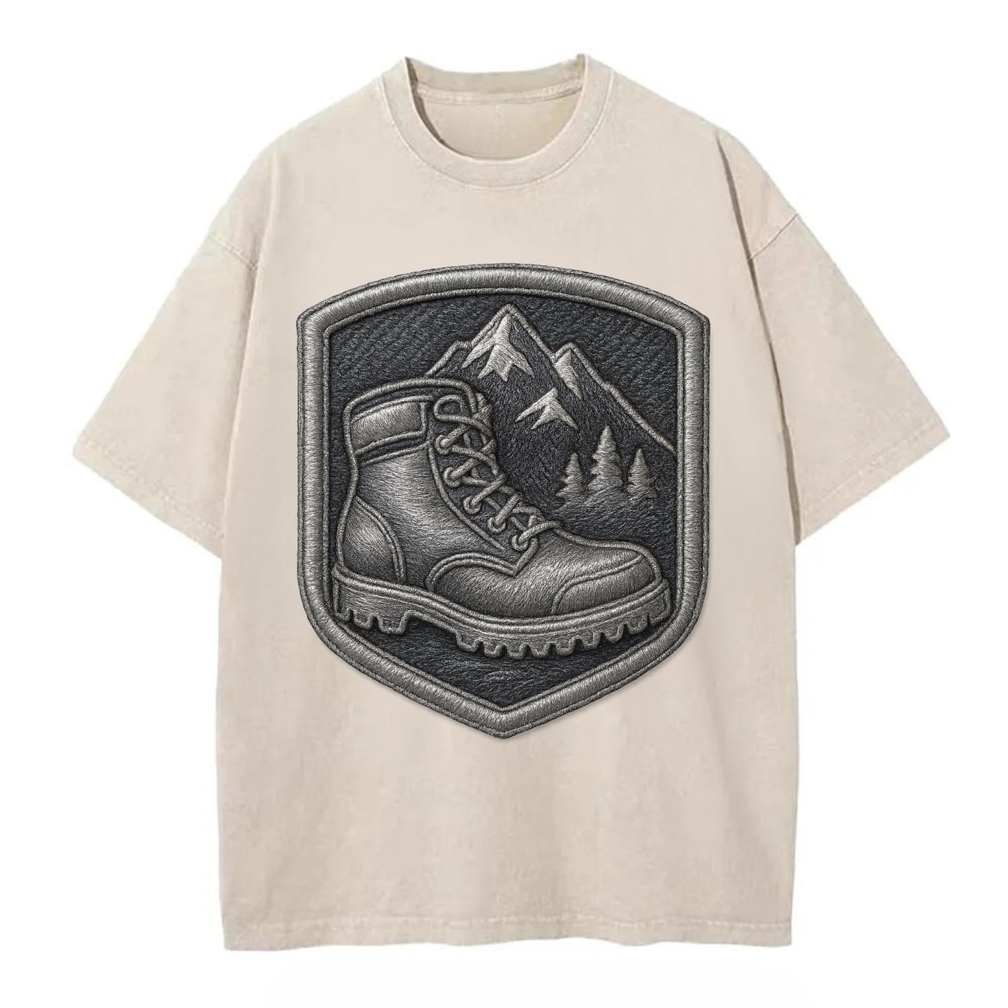 Hiking boots with mountain peak - hiker pride - Vintage T-shirt - Off White