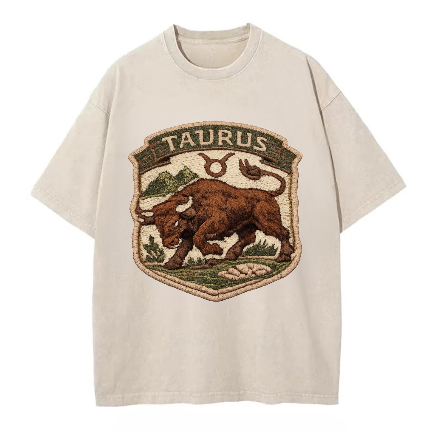TAURUS BULL - strong bull in brown and green , earth sign - Vintage T-shirt - Off White