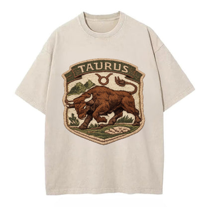 TAURUS BULL - strong bull in brown and green , earth sign - Vintage T-shirt - Off White