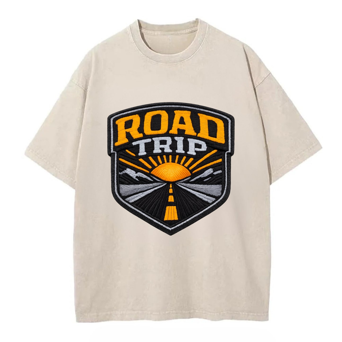 ROAD TRIP - highway and sun in orange and gray , open road - Vintage T-shirt - Off White