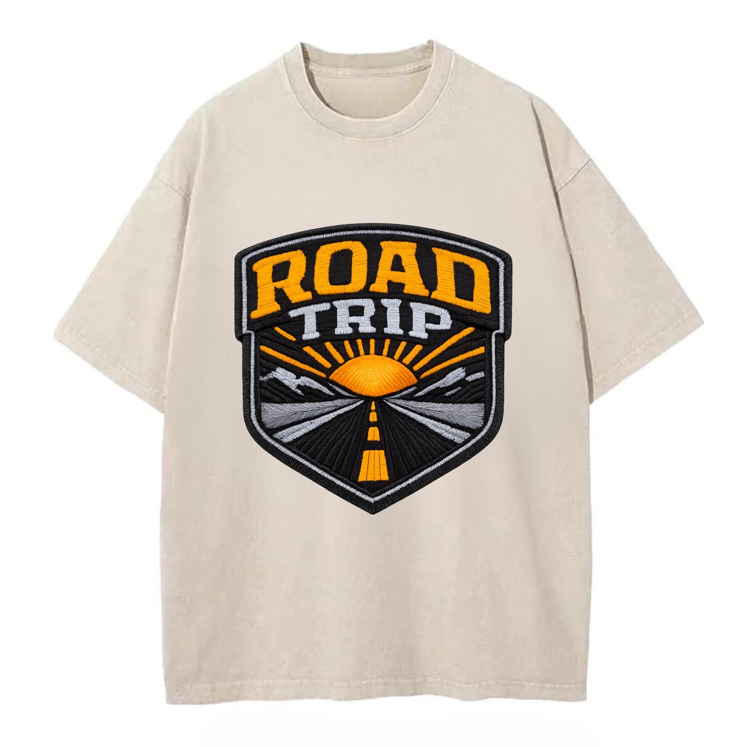 ROAD TRIP - highway and sun in orange and gray , open road - Vintage T-shirt - Off White