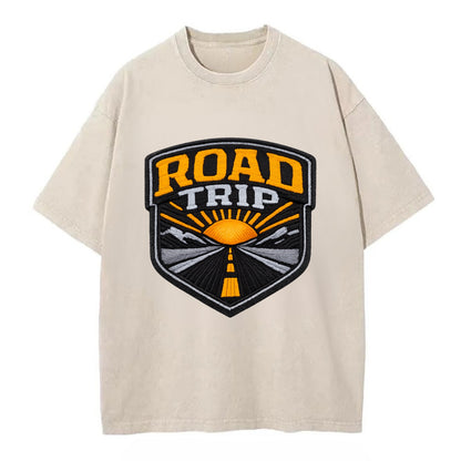 ROAD TRIP - highway and sun in orange and gray , open road - Vintage T-shirt - Off White