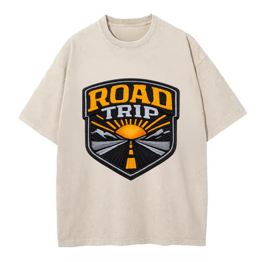 ROAD TRIP - highway and sun in orange and gray , open road - Vintage T-shirt - Off White