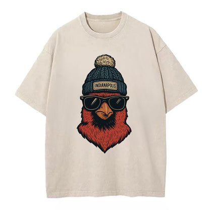 Indiana Cardinal wearing Indianapolis beanie with pom pom and wayfarer sunglasses - Vintage T-shirt - Off White