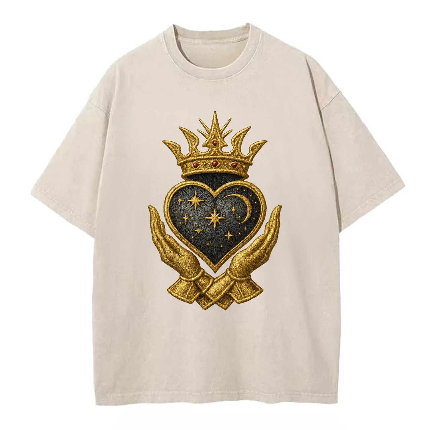 Hammered bronze warrior crown anchoring a dark steel heart with shield-bearing - Vintage T-shirt - Off White