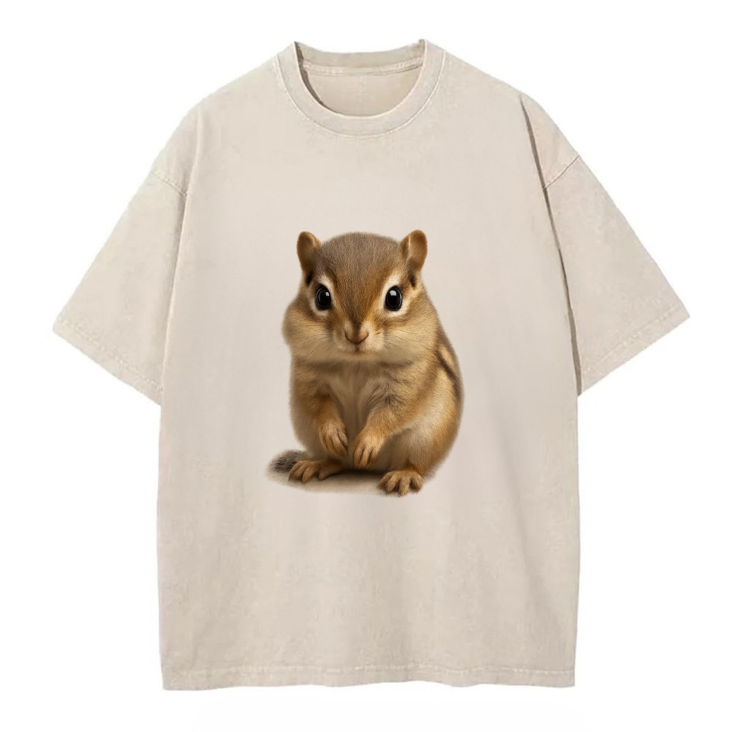 Baby Chipmunk - striped back, cheek pouches, tiny paws, bright eyes, - Vintage T-shirt - Off White