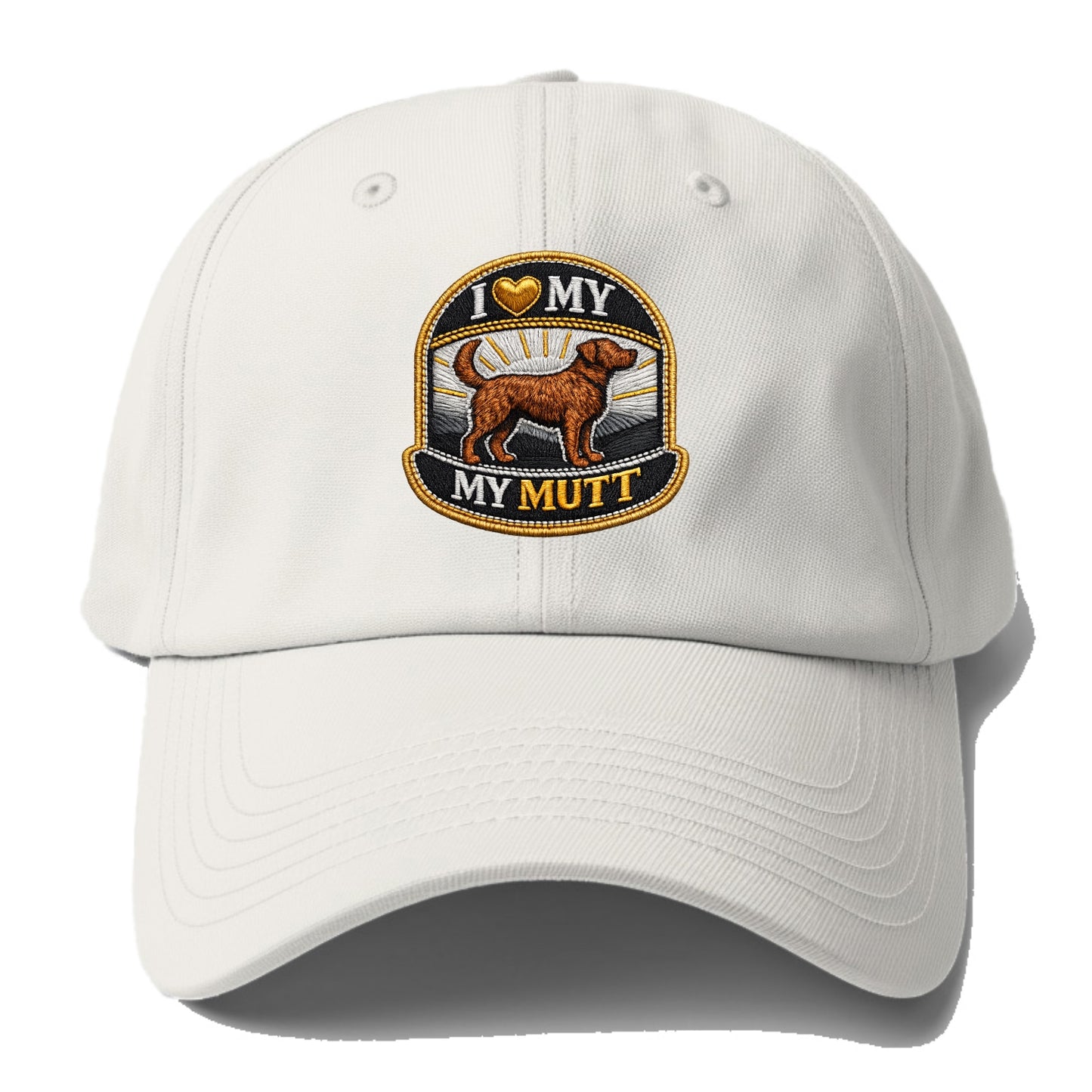 I LOVE MY MUTT - mixed breed silhouette in brown , rescue pride - Baseball Cap - Off White