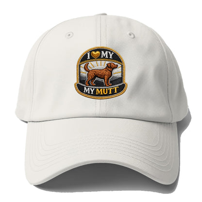 I LOVE MY MUTT - mixed breed silhouette in brown , rescue pride - Baseball Cap - Off White