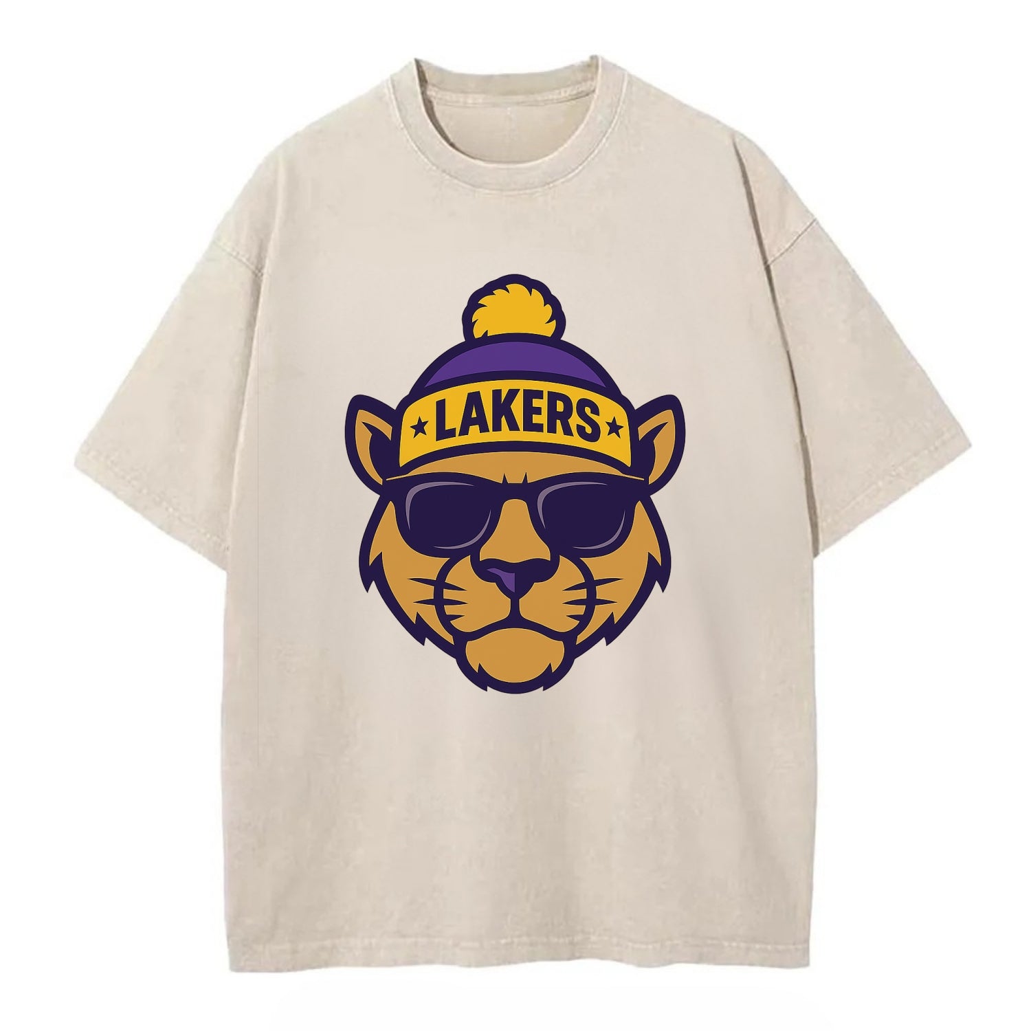 LA Mountain Lion wearing Lakers purple and gold beanie with championship stars - Vintage T-shirt - Off White