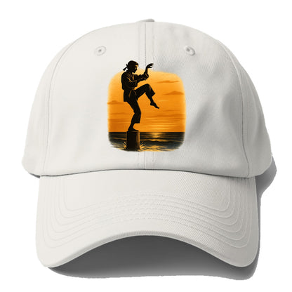 karate crane kick pose on wooden post at beach sunset - Baseball Cap For Big Heads - Off White