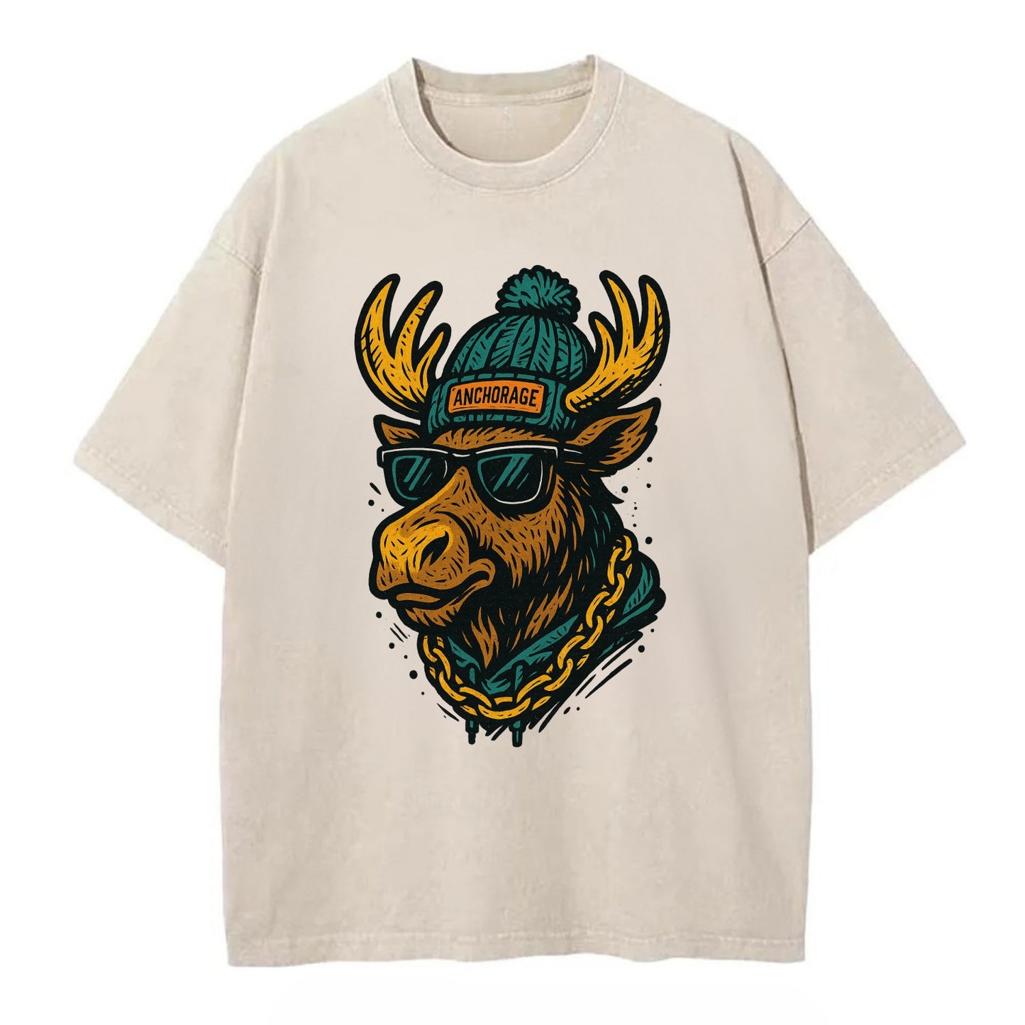 Alaska Moose wearing Anchorage beanie with pom pom and wayfarer sunglasses - Vintage T-shirt - Off White