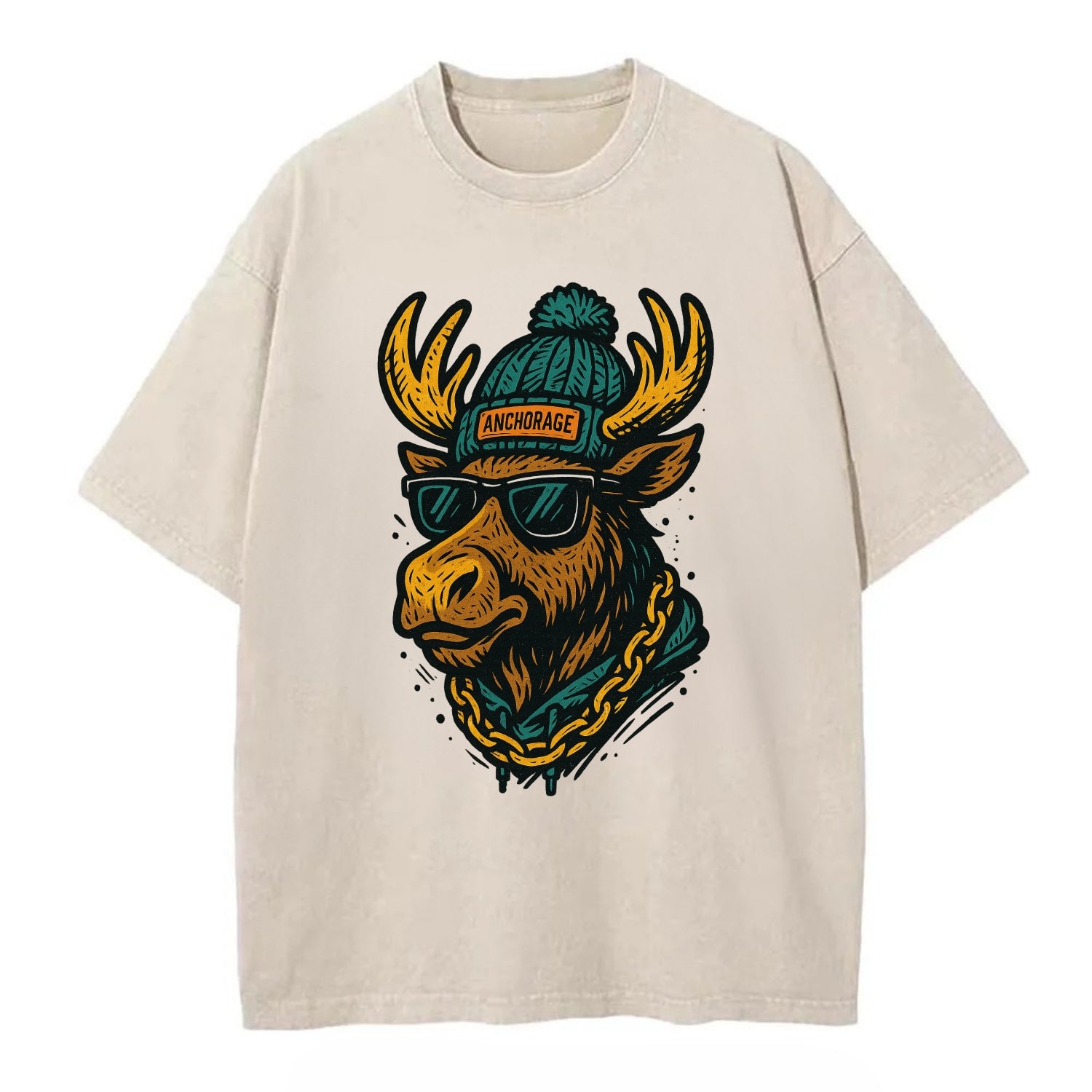 Alaska Moose wearing Anchorage beanie with pom pom and wayfarer sunglasses - Vintage T-shirt - Off White