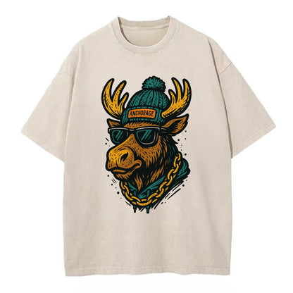 Alaska Moose wearing Anchorage beanie with pom pom and wayfarer sunglasses - Vintage T-shirt - Off White