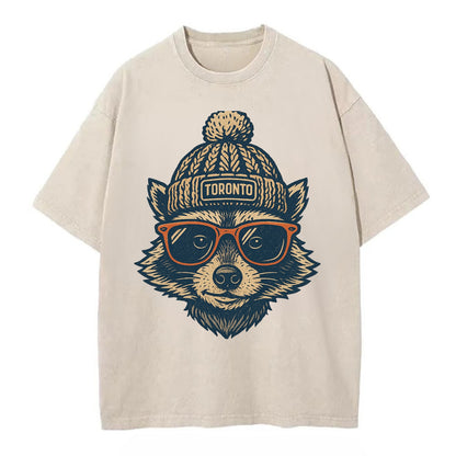 Toronto Raccoon wearing Toronto beanie w - Vintage T-shirt - Off White