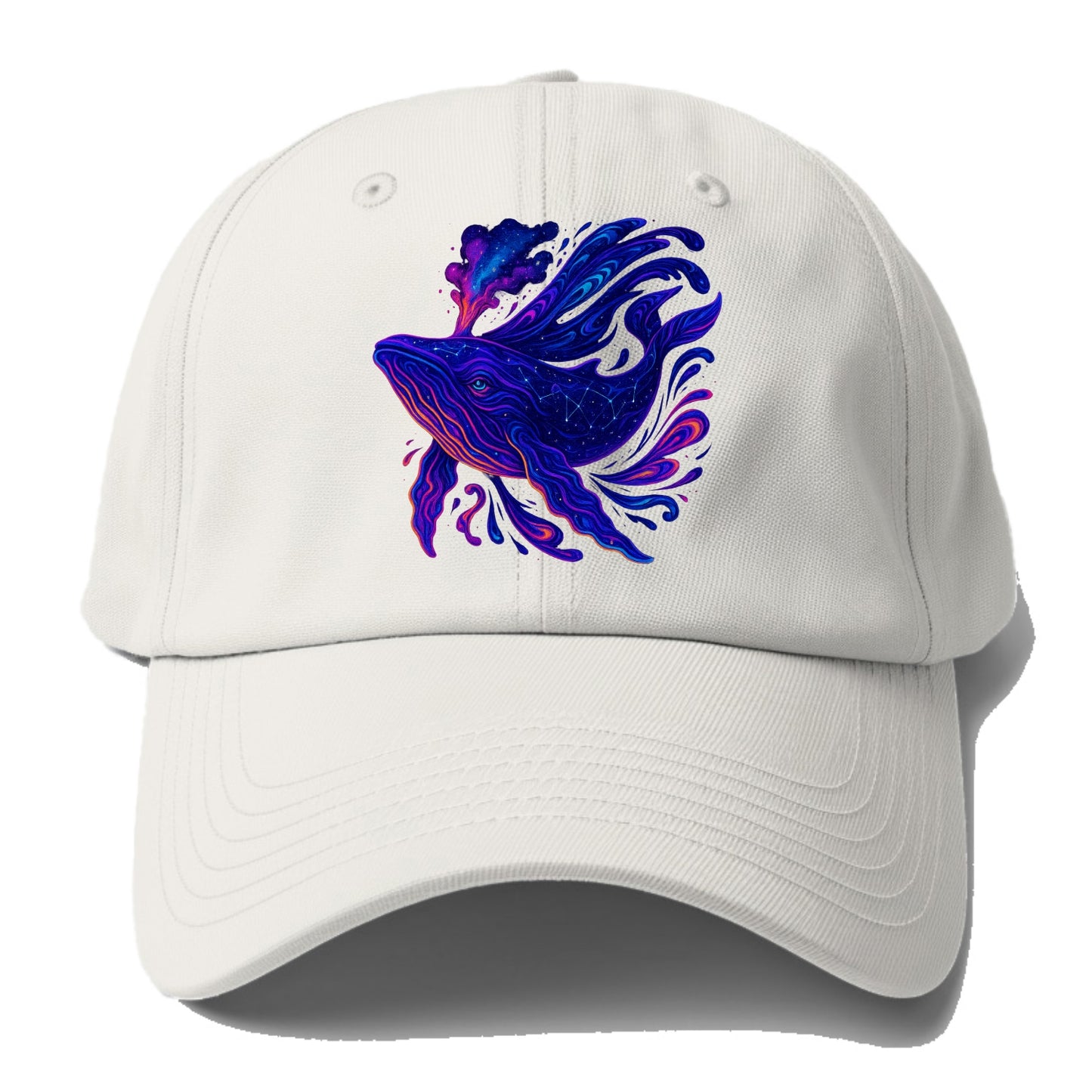 Majestic whale with body composed of galaxy clusters, stellar fins flowing like - Baseball Cap - Off White