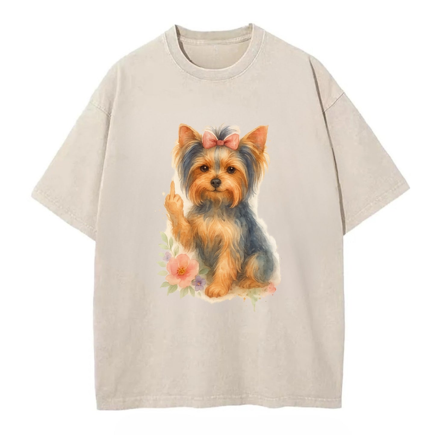 Yorkshire Terrier with topknot bow, one delicate paw flipping off - Vintage T-shirt - Off White