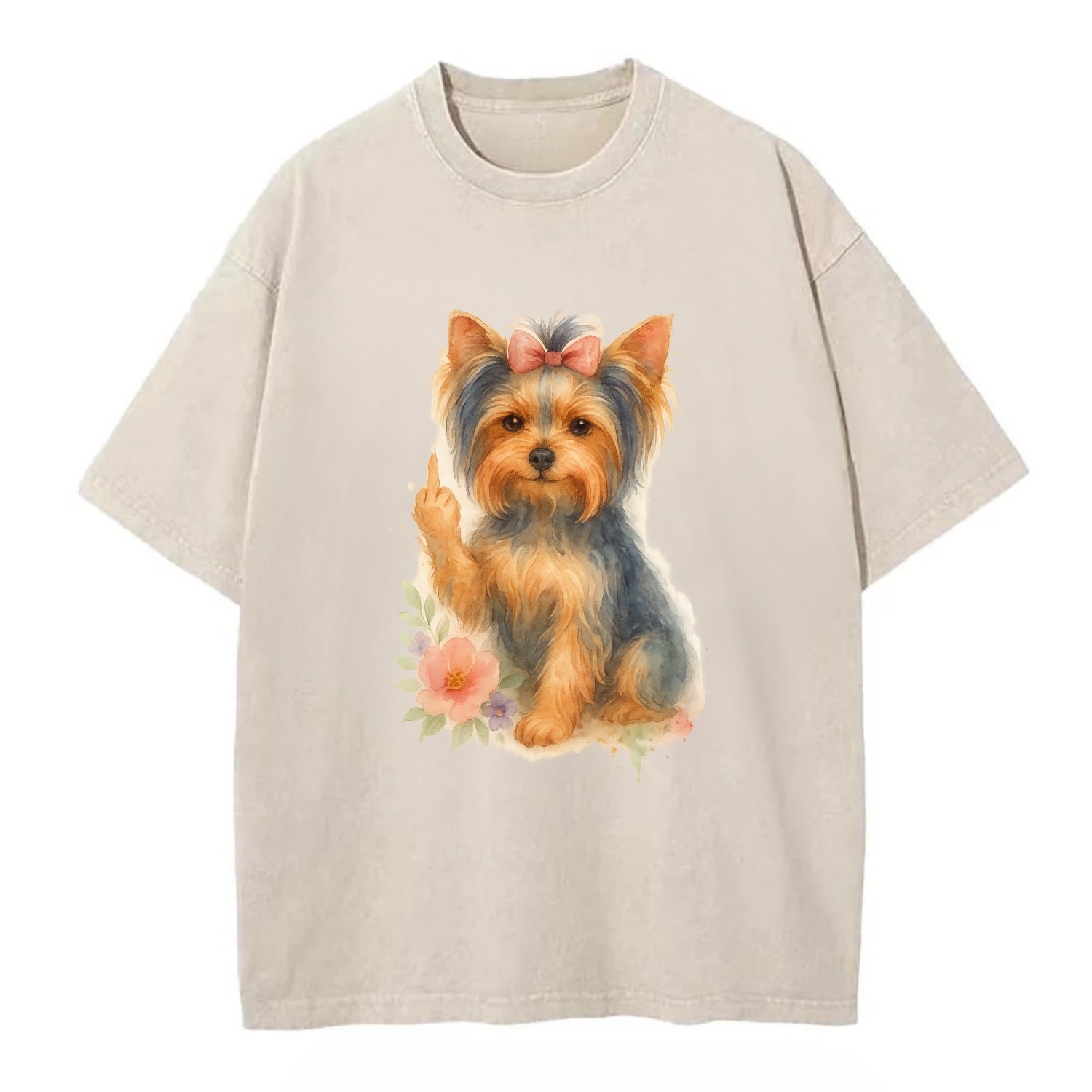 Yorkshire Terrier with topknot bow, one delicate paw flipping off - Vintage T-shirt - Off White