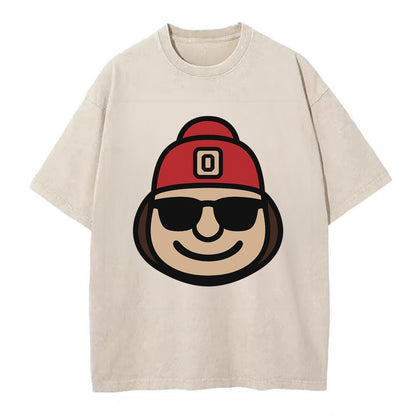 Columbus Brutus wearing Ohio State beanie with Block O patch - Vintage T-shirt - Off White