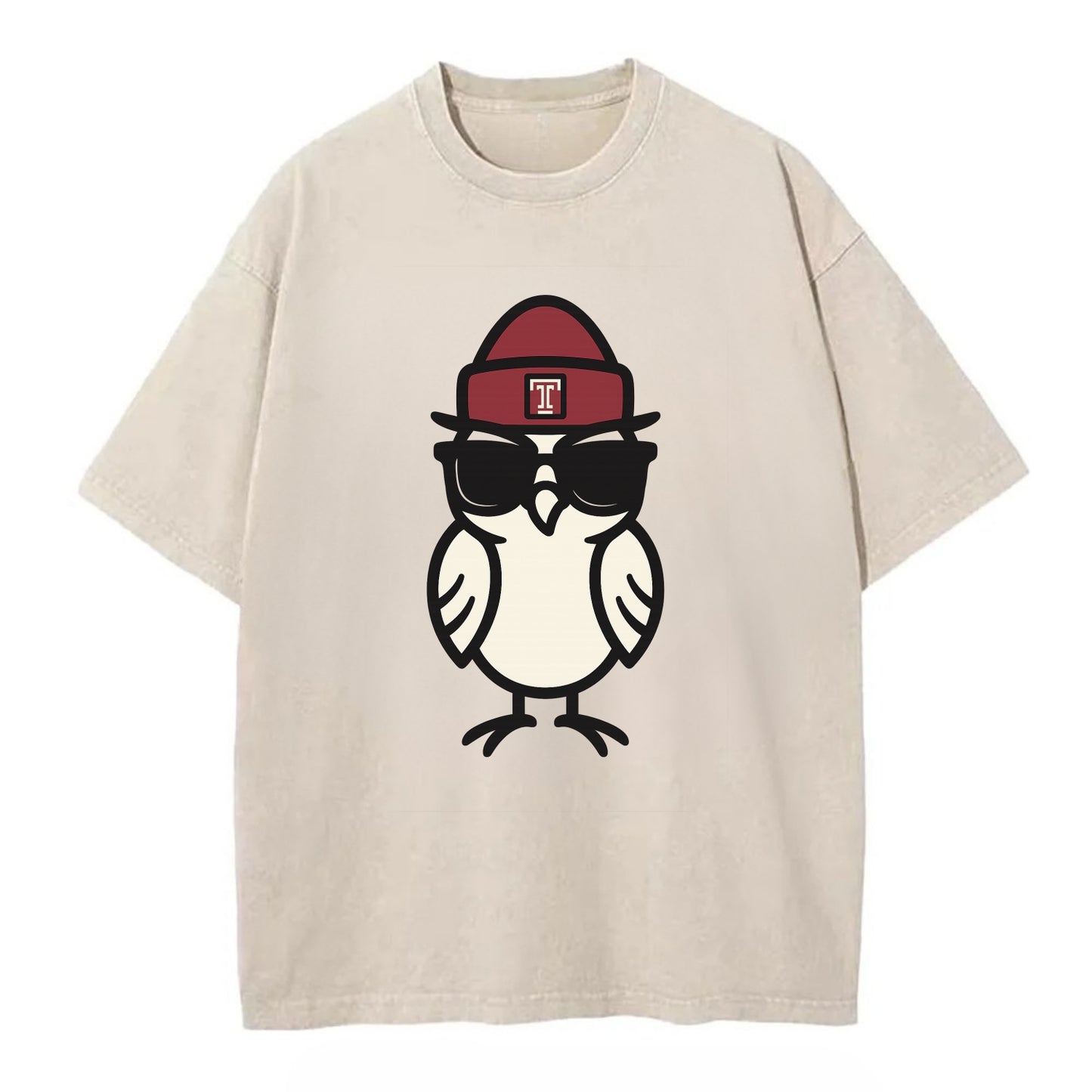Philadelphia Owl wearing Temple beanie with T patch - Vintage T-shirt - Off White