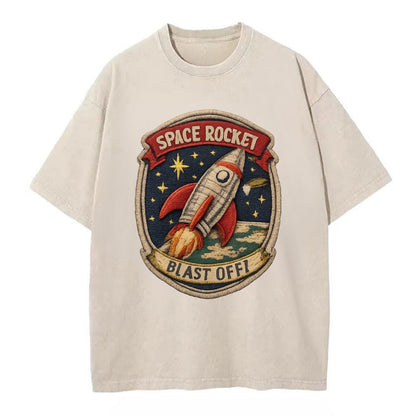 RETRO ROCKET - 1950s space rocket in silver and red , atomic age - Vintage T-shirt - Off White