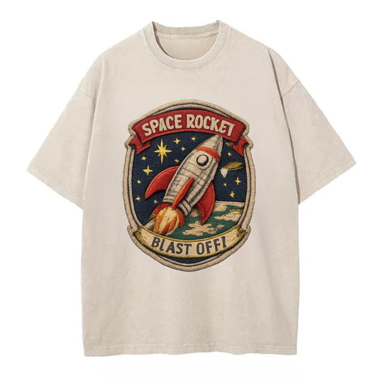 RETRO ROCKET - 1950s space rocket in silver and red , atomic age - Vintage T-shirt - Off White