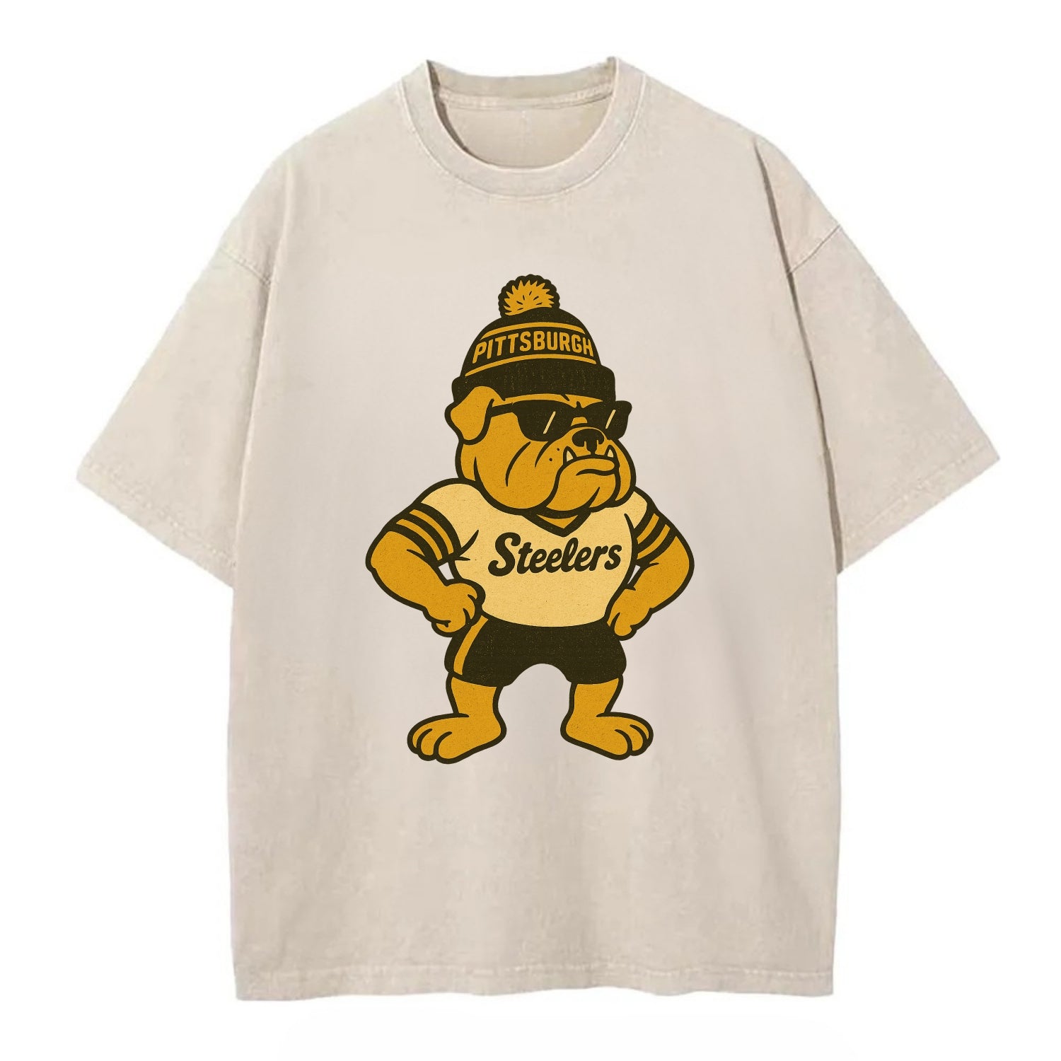 Pittsburgh Bulldog wearing Steelers black and gold beanie with pom pom and - Vintage T-shirt - Off White