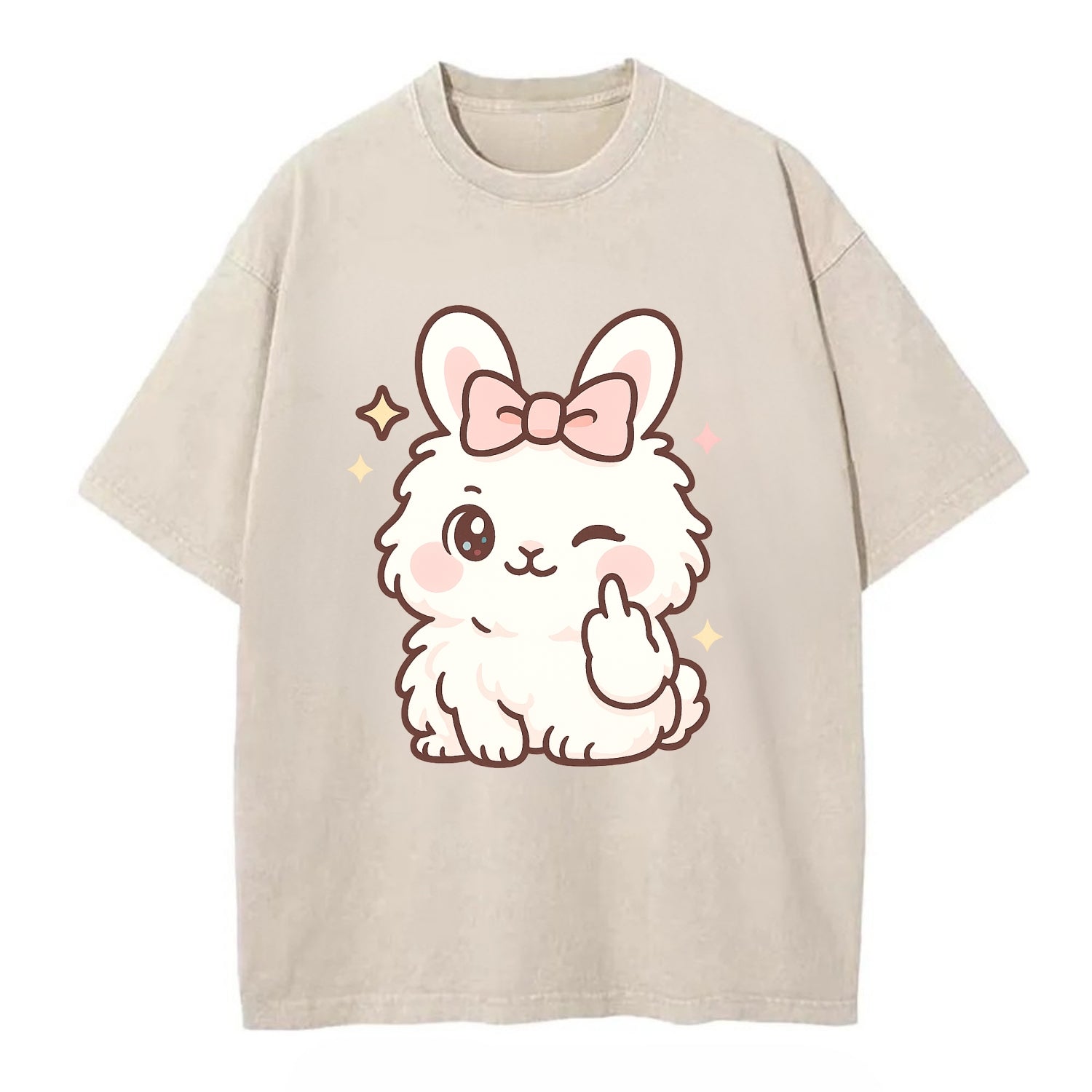 fluffy white angora rabbit with pink bow, one paw delicately flipping off - Vintage T-shirt - Off White