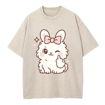 fluffy white angora rabbit with pink bow, one paw delicately flipping off - Vintage T-shirt - Off White