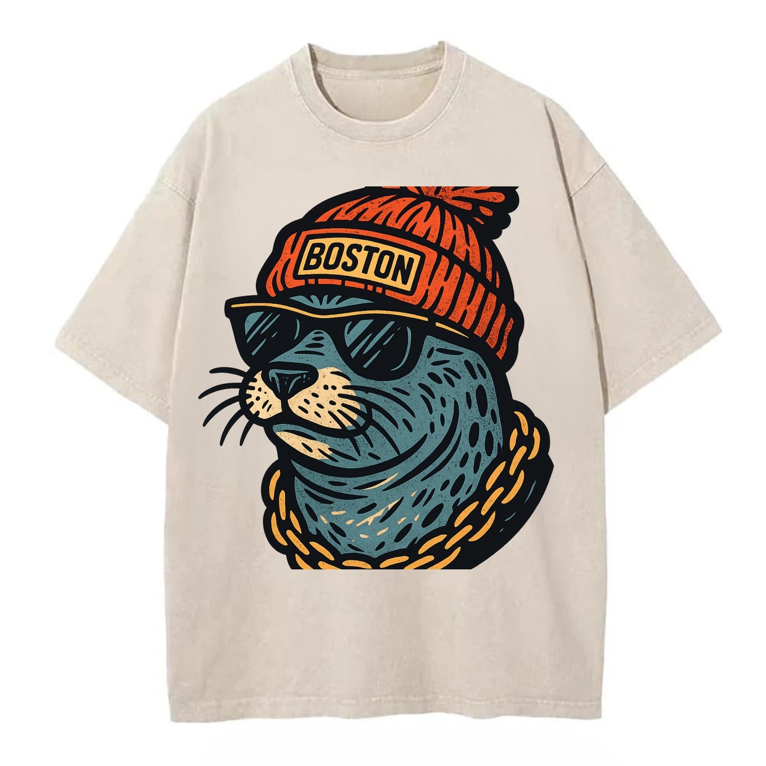 Boston Harbor Seal wearing Boston beanie with pom pom and wayfarer sunglasses - Vintage T-shirt - Off White