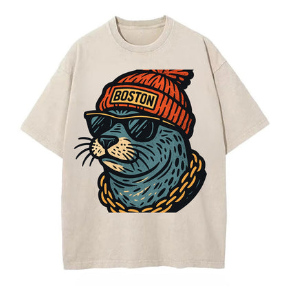 Boston Harbor Seal wearing Boston beanie with pom pom and wayfarer sunglasses - Vintage T-shirt - Off White