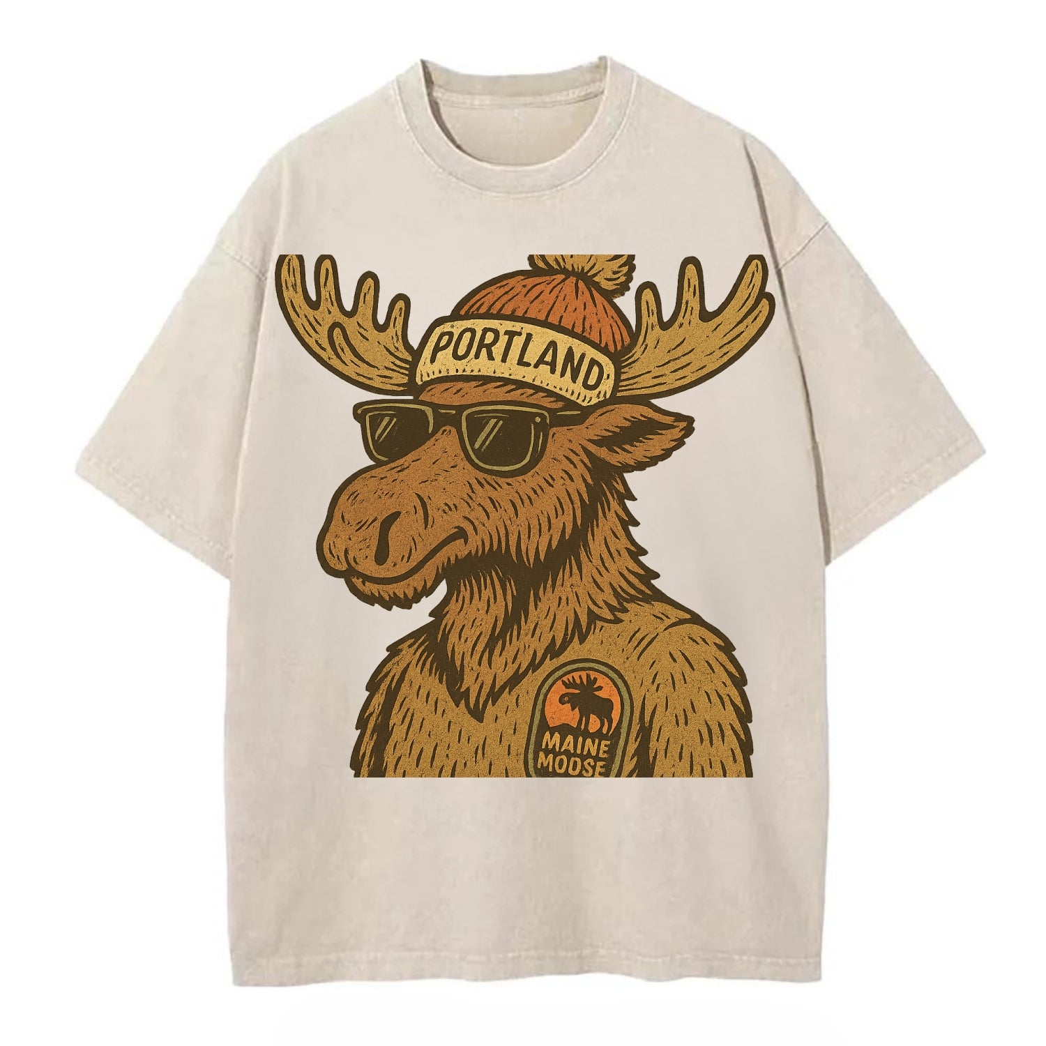 Maine Moose wearing Portland beanie with pom pom and wayfarer sunglasses - Vintage T-shirt - Off White