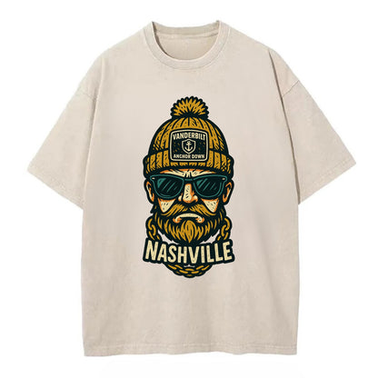 Nashville Commodore wearing Vanderbilt beanie with anchor patch - Vintage T-shirt - Off White