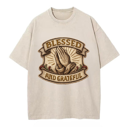 BLESSED AND GRATEFUL - praying hands with text in gold , thankful - Vintage T-shirt - Off White